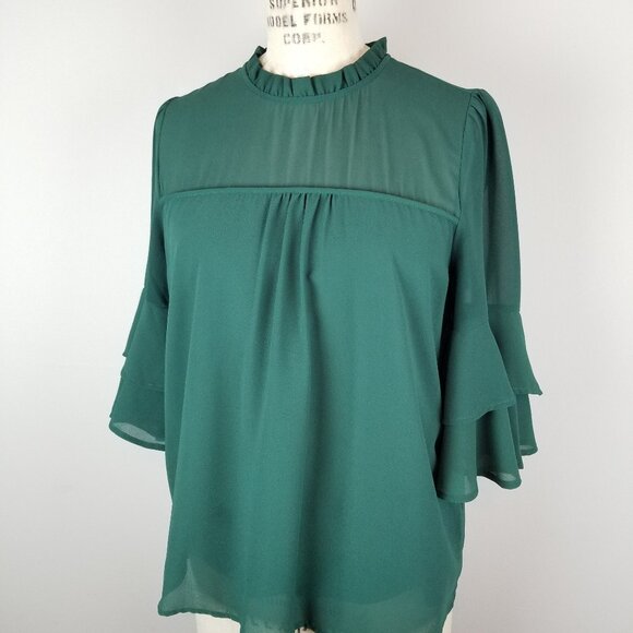 Monteau Emerald Green Chiffon Blouse 3/4 Flared Sleeve Blouse w/Ruffle * Medium - Picture 2 of 7
